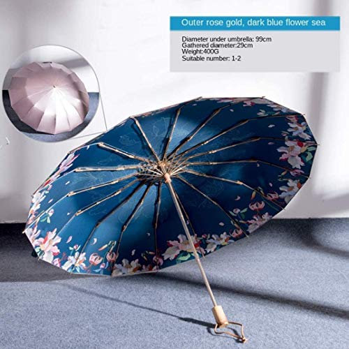 Vintage Sunbrella: Klappbarer Anti-UV-Regenschirm mit Holzgriff, winddichtes umgekehrtes Design innen mit Blauer Blume