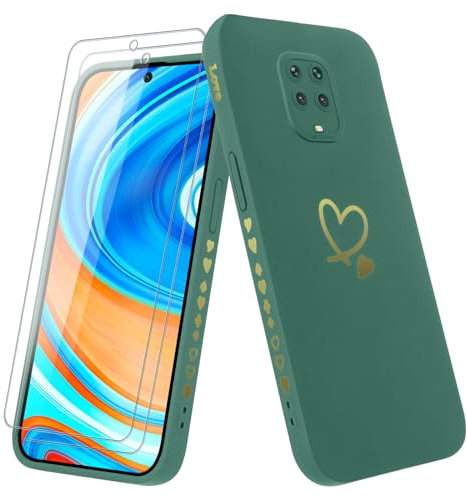 Vauki Funda para Xiaomi Redmi Note 9 Pro/9 Pro Max/9S 4G con 2 Piezas Cristal Templado Carcasa con Amor Corazón Mujer Suave Silicona TPU Antigolpes Anti-Arañazos Case para Redmi Note 9 Pro, Verde