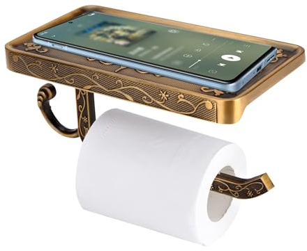 Topyond Toilet Roll Holder with Phone Shelf, Antique Brass Toilet Paper Holder, Wall Mount Tissue Holder with Cell Phone Storage and Hook for Bathroom and Kitchen