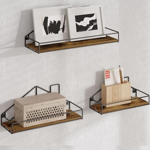 EUGAD Wandregal 3er Set, Regal Wand, Hängeregal, Schweberegal Industrial, Regalbrett mit Metallrahmen, Regal hängend mit Hausform Design, für Wohnzimmer Küche, Vintagebraun,0330QJ