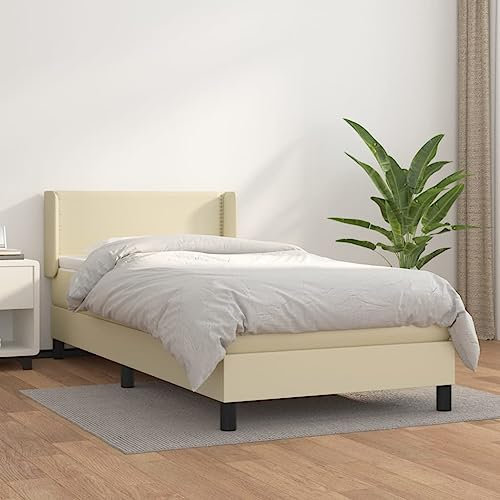 MNISDFL Bett kopfteil Bodenbett Schlafzimmer möbelEinzelbett Boxspringbett mit Matratze Creme 100x200 cm Kunstleder