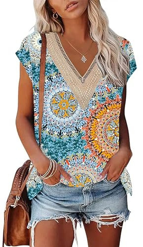 PLOKNRD Damen Sommer Kurzarm T-Shirt Lässiges Oberteil mit V-Ausschnitt Modisches Party Top mit Spitze Ausschnitt(Grün gedruckt,M)