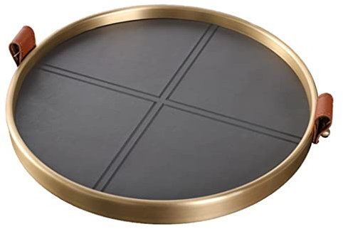 ArinkO Elegante Bandeja de Desayuno de Cobre: Bandeja Redonda de Cuero de inspiración Vintage para Almacenamiento y decoración del hogar, Ideal para exhibición de perfumes