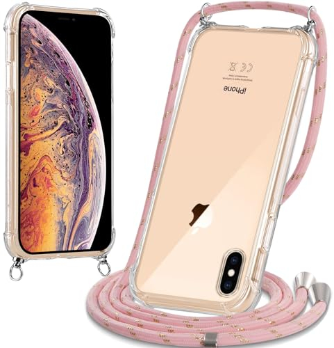 Oelrstfe handyband Hülle mit Band für iPhone XS Max, Handyband zum Umhängen Handy Umhängeband Transparent TPU Stoßfest Silikon Handyhülle mit Kette für iPhone XS Max, Rosa
