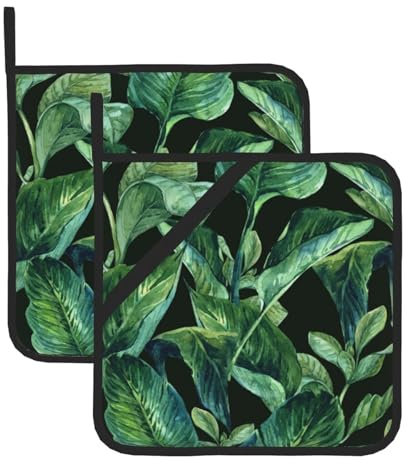 Confezione da 2 presine per cucina, foglie di palma tropicali verdi resistenti al calore, con tasche ad anello per appenderle, panni per forno a microonde, per cucinare, campeggio, cottura