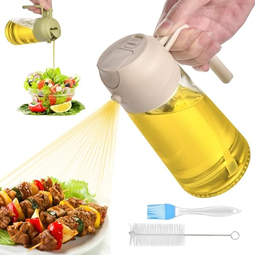HUAERSICO Ölsprüher für Speiseöl 470ml - 2 in 1 Dickes Glas Oil Sprayer mit Ölbürste und Reinigungsbürste- Anti-Tropf Design Ölsprüher für Grillen, Kochen