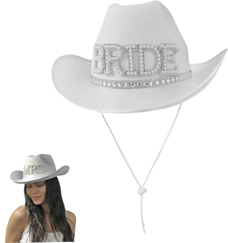 Braut Cowgirl Hat, weißer Braut Cowboyhut mit Perlendiamant, breites Kremp -Panama -Mütze, Braut Kapitän Hut für Bachelorette Party Vorräte