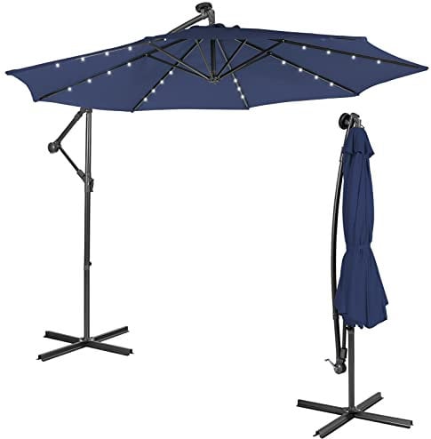 COSTWAY 3M Garden Cantilever Parasol, Outdoor Offset Banana Hanging Umbrella with 32/40 Solar-Powered LED Lights and Tilted Design, Sun Shade Canopy for Poolside, Deck & Patio (Navy)