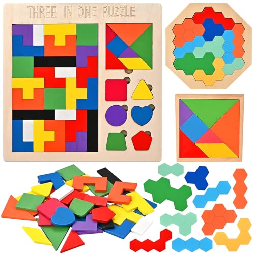 Wooderma 3D Puzzle Tetris Spiel Kinder, Montessori Spielzeug, 3 in 1 Holzpuzzle Kinder, Tangram Puzzle, Kreativ Lernspielzeug, Geschicklichkeitsspiele ab 3 4 5 Jahre, Geschenk für Jungen Mädchen