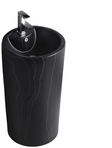 Lavabo à colonne Lavabo à colonne ronde, lavabo de salle de bain sur pied en céramique, évier sur pied avec trou de trop-plein, kit de robinet/vidange/vanne d'angle Lavabo sur pied colonne(Noir,B)