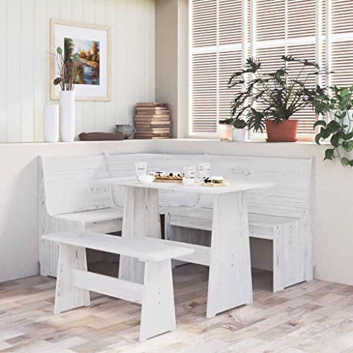 Hommdiy Essgruppe 3-TLG. Tischgruppe Sitzgruppe Esszimmergarnitur Tischset Eckbank Esszimmertisch Eckbankgruppe Massivholz Kiefer 3-teiliges Set,Weiß