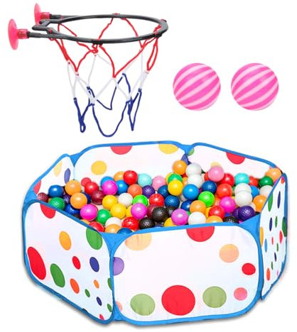1 Piscine À Balles Pop-Up, 1 Panier De Basket avec 2 Ventouses Et 2 Balles, Piscine À Balles Pliable, Piscine À Balles pour Enfants, Piscine À Balles pour Jeux D'Extérieur