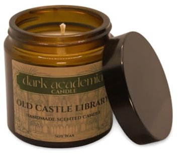 Dark Academia Candle: Old Castle Library – Handgemachte Duftkerze im braunen Apothekerglas, aus natürlichem Sojawachs – Perfekt für gemütliche Leseabende und stilvolle Entspannung
