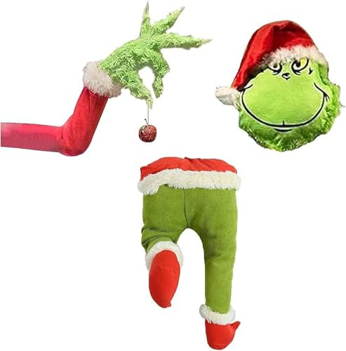 Decorazioni per il corpo del ladro di Natale, set di ornamenti per albero di Grinch, set di ornamenti per albero di Natale, braccio in iuta da posizionare in peluche per interni, per camino, porta,