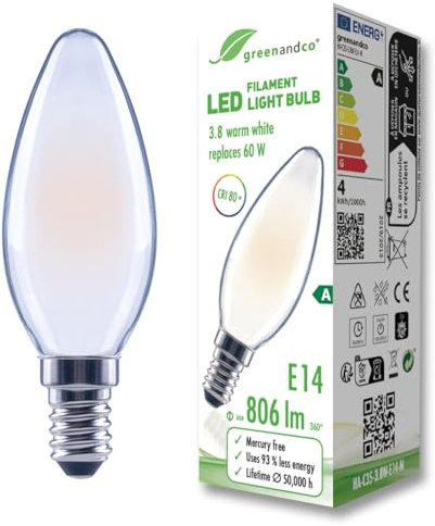 greenandco Glühfaden LED Lampe | matt | E14 C35 | 3,8W 806lm | ersetzt 60W | 2700K warmweiß | 320° | 230V | flimmerfrei | Energieeffizienzklasse A | nicht dimmbar