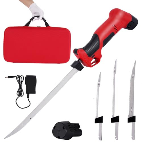 YUCHENGTECH Couteau à Filet Électrique pour Poisson Couteau à Filet Sans Fil avec 4 Lames en Acier Inoxydable, 2 Batteries Rechargeables et Étui de Transport de Rangement
