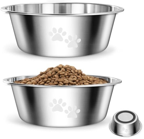PETTOM Gamelle Chien INOX (Lot de 2, 2x2020 ML, Diamètre 23.7cm), Gamelle Eau Croquette pour Chien Grand Moyen Petit en Acier Inoxydable, Base Antidérapante
