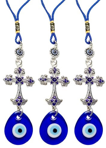 TAIZER 3 Stücke Türkisch Blau Auge Evil Eye Amulett Wandbehang Boese AugeHome Decor Schutz Segen Charm Geschenk Startseite Anhänger Glücksbringer mit einem Kreuz (elliptisch)