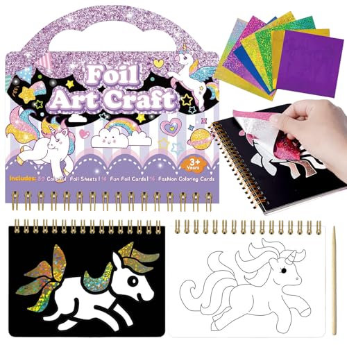 Einhorn Bastelset Kinder Basteln Magisch Einhörner Malbuch Kunst Sticker Bastelkoffer, Färben Aufkleber Bastelsets Foil Art Geschenke Geburtstagsgeschenk Mädchen Bastelset Kinder ab 6 Jahre (Einhorn)