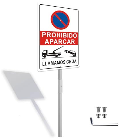 Cartel Prohibido Aparcar Llamomos Grúa con estaca 20 X 30 CM - Señal de No Aparcar de Aluminio para Exterior e Interior