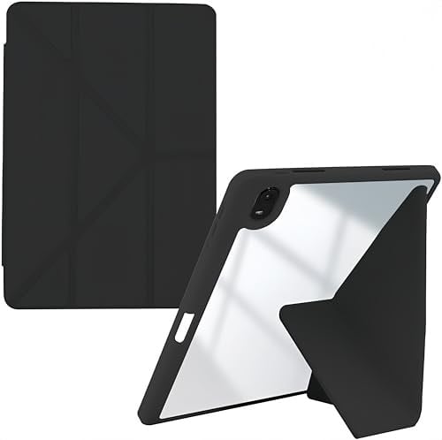 Hülle für iPad 9/8/7 (10,2-Zoll, Modell 2021/2020/2019, 9./8./7. Generation), Origami-Design mit 5 Verstellmöglichkeiten, klar transparente Rückseite Acrylhülle