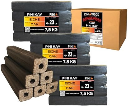 PINI Kay Briquettes de bois de chêne rectangulaires de 23 cm de long avec trou de traction - 22,5 kg - Briquettes de bois de chêne - Cheminée, four, foyer, barbecue
