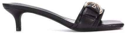 ESSEX GLAM Women's Kitten Heel Mule Sandals Ladies Buckle Detail Faux Leather Slip On Classic Open Square Toe Shoes Size 3-8