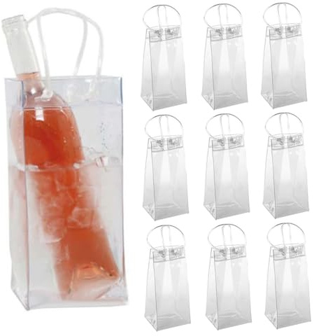 10 bolsas de hielo para vino, bolsa de refrigeración transparente para vino, funda de PVC portátil para botellas de vino, bolsa enfriadora de cerveza, bolsa enfriadora de champán con asa para fiestas