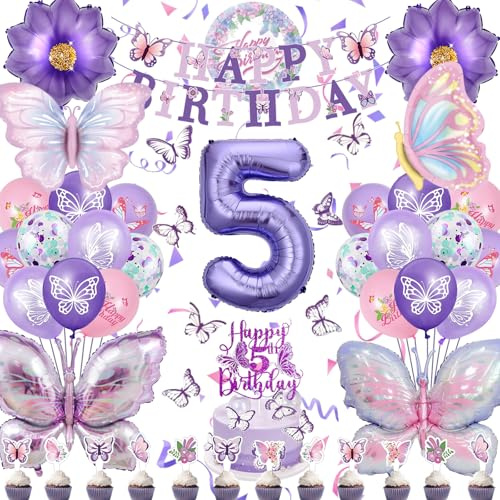 5 Jahre Schmetterling Geburtstag Deko, Geburtstagsdeko Mädchen 5 Jahre Set | Schmetterling Folienballon 5 Jahre, Luftballon 5. Geburtstag Mädchen, Schmetterling Party Deko, Zahlenballon, Happy Birthday