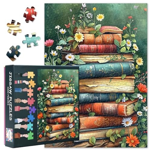 1000 Teile Puzzle für Erwachsene: Antiker Bücherstapel mit Wildblumen (50x70cm) - Weltbuchtag Motiv für Bücherliebhaber, Anspruchsvolles Sammlerpuzzle