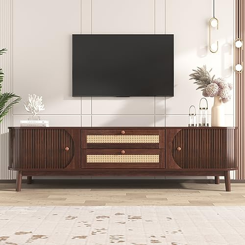 SACOOL Mobile TV in legno naturale con ante e cassetti. Supporto per TV con lati in rattan. Soluzione di conservazione, stile rustico naturale.