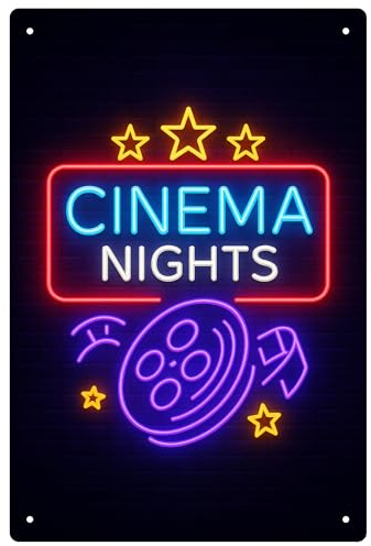 AstraDesign Blechschild „Cinema Nights“ – Neon Kino Motiv mit Filmrolle 20x30 cm – Vintage Metallschild – Film-Deko für Zuhause, Heimkino & Wohnzimmer