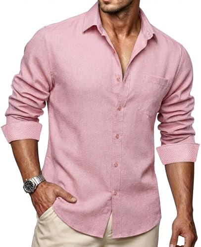 Ailisus Chemise en lin à manches longues pour homme, coupe droite, style décontracté, col contrasté