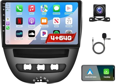 4 Core 4+64G Autoradio für Peugeot 107/Citroen C1 2005-2014 10.1 Zoll Touch Screen Radio mit Wireless Carplay/Android Auto/GPS/Bluetooth/SWC/MIC/FM, 720P Netzwerkkamera