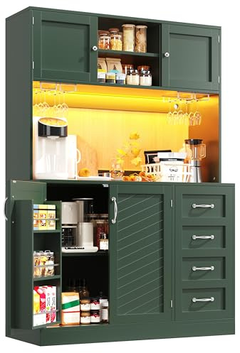 DRIXNO Küchenschrank, Hochschrank Küchenbuffet Vitrinenschrank, Buffetschrank mit LED-Beleuchtung, Esszimmerschrank mit Schubladen, 4 Türen, Sideboard für Küche Wohnzimmer Esszimmer, Grün