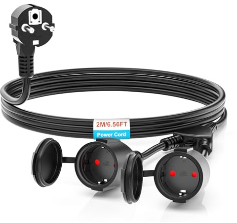 2M Schutzkontakt Verlängerungskabel Außen, AC Schuko Kunststoffkabel Mit 2-Fach Steckdosen, Doppelstecker für Steckdose IP44 für Zuhause, Büro, Außenbereich, 3 x 1,5mm², bis 250V/16A, Schwarz
