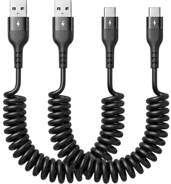 Juego de 2 cables USB C en espiral cortos, cable de carga USB para coche Android y Carplay, cable de carga USB a USB, 30 cm-1 m, compatible con Huawei, iPad, cable de carga USB C, USB a USB C, cable