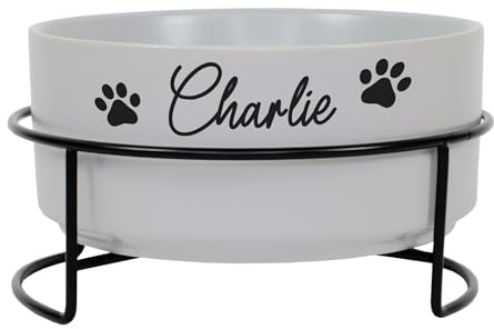 Herz & Heim® Personalisierter Fressnapf für Hunde & Katzen – Keramik Futternapf mit Name – erhöhter Hundenapf mit Metall Ständer – Ritzenhoff & Breker Katzennapf als Geschenkidee (Pfoten)