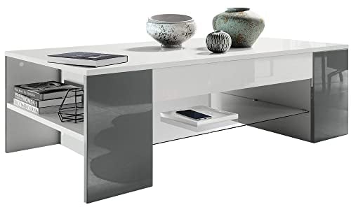 Vladon Couchtisch Clip, Made in Germany, Wohnzimmertisch mit 2 Seitenfächern und 1 Glasplatte, Weiß matt/Grau Hochglanz (118 x 37 x 60 cm)