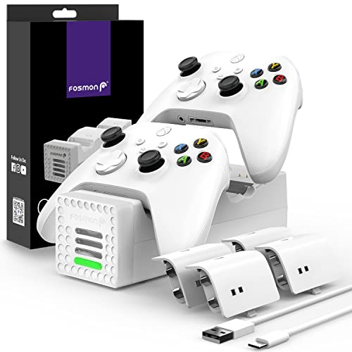 Fosmon Quad PRO 2 Ladestation Kompatibel Mit Xbox Series X/S Controllers (Nicht für Xbox One/360 /Elite 2), Dual Docking Station + 2 Akku Ladegerät, 4 x 2200mAh Wiederaufladbare Batterie - Weiß