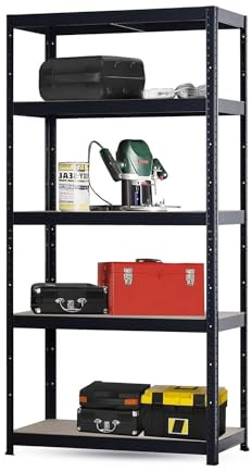 Brigros Scaffale Metallo Garage 180x90x40cm Ad Alta Portata 875kg, 5 Ripiani Mdf, Scaffale Salvaspazio Ideale Per Garage, Officina, Cantina, Magazzino, Design Modulare (Singolo, Nero)