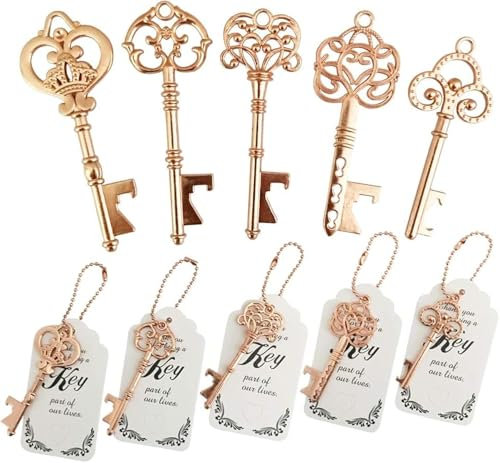 WODEGIFT 50pcs Skelett-Schlüssel Flaschenöffner Hochzeit Party Gunst Souvenir Geschenk mit Escort Tag und Rose gold Ketten (Rose gold, 5 Stile)