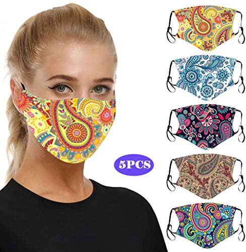 Lulupi 5 Stück Mundschutz Multifunktionstuch Paisley 3D Druck Bandana Maske Waschbar Wiederverwendbar Stoffmaske Baumwolle Mund-Nasenschutz Verstellbar Atmungsaktiv Halstuch Schals Herren Damen