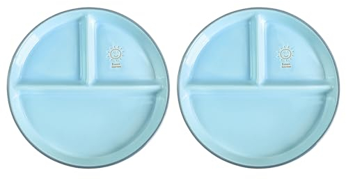 SOCOSY Round Shape Smile Sun Ceramic Divided Plate Dessert Salad Plate Dinner Plate for Portion Control - 8 Inch (Set of 2,Blue)
