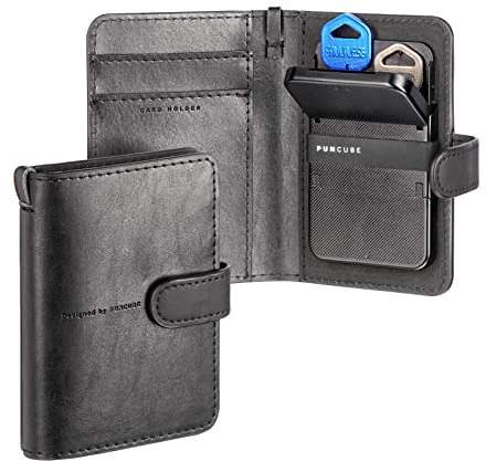 PUNCUBE Minimalistische Geldbörse mit Schlüsselhalter und Telefonständer, RFID-blockierende Geldbörse für Damen und Herren, Schwarz, Minimalistisch