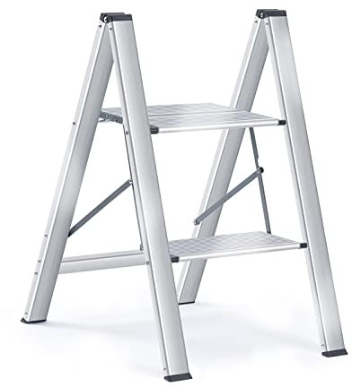 Nestling 2 Step Ladder Aluminum, Lightweight Folding Ladder 2 Step with Wide Anti-Slip Pedal, 330 Lbs Capacity Household Office Portable Stepladder, Silver