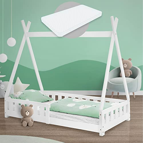 ML-Design Kinderbett Tipi 80x160 cm Weiß mit Matratze, Rausfallschutz und Lattenrost, aus Kiefernholz, Indianer Bett für Mädchen & Jungen, Hausbett mit Zaun, Bodenbett Jugendbett Spielbett Holzbett