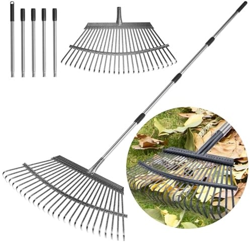 Rechen für Blätter, strapazierfähig, 182 cm lang, erweiterbar, 45,7 cm breit, Gartenrechen mit 25 verstärkten Zinken und Edelstahlgriff für Rasen, Hof, Laubreinigung