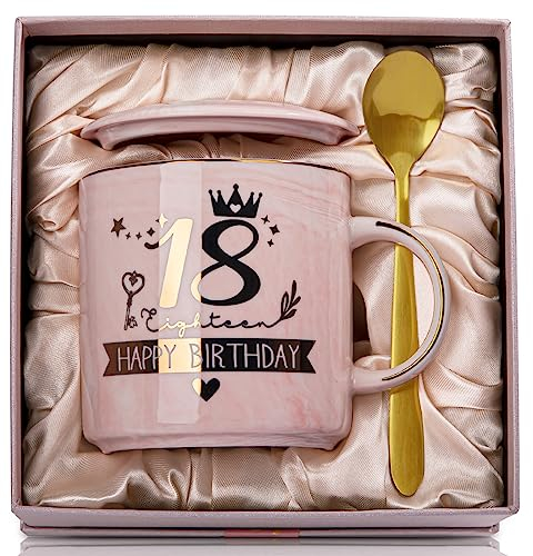 18. Geburtstag Mädchen, Alles Gute zum 18th Geburtstag, 14 Unzen Kaffeetasse mit Golddruck, Lustiges Geschenke zum 18 Geburtstag mädchen Tochter, Mit Deckel, Grußkarte, Goldenem Löffel, Geschenkbox