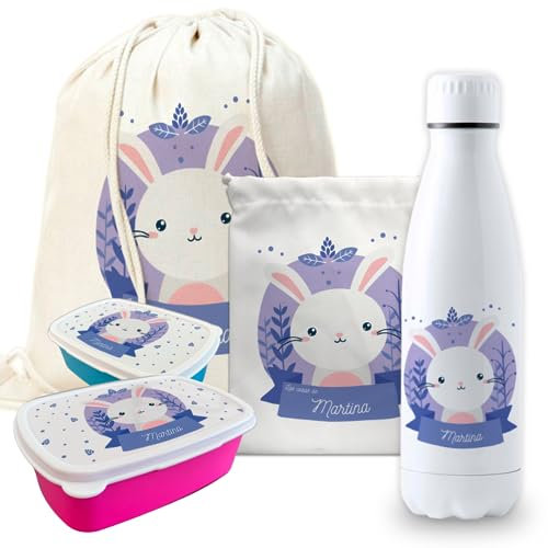 Pack vuelta al cole diseño conejito botella personalizada + mochila saco personalizada + fiambrera personalizada + bolsa merienda personalizada con foto y/o texto para colegio o guardería.Libre de BPA